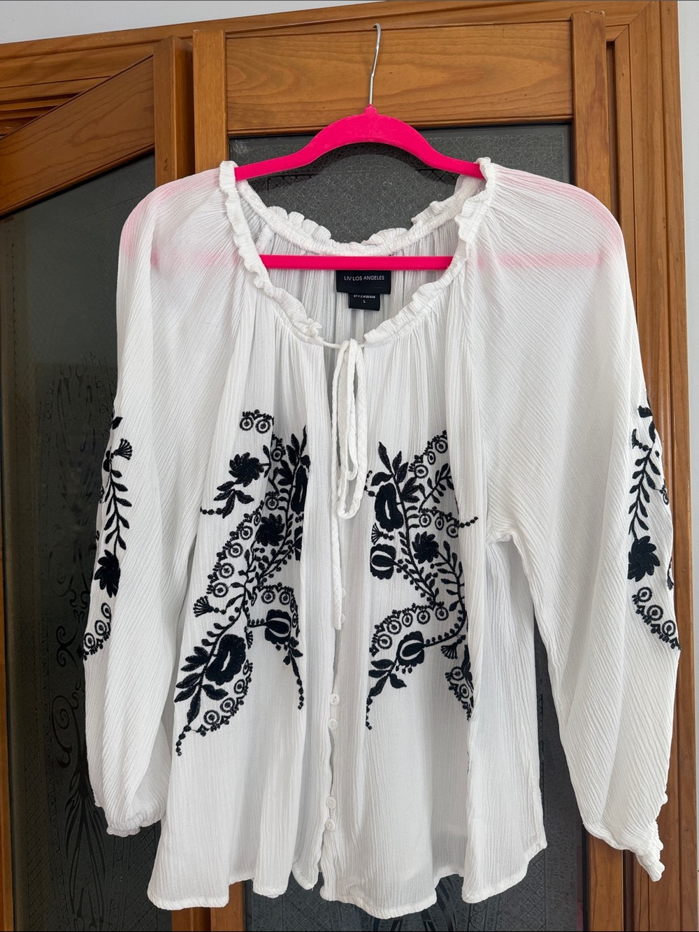 Liv Los Angeles White Boho Peasant Top with Black Floral Embroidery Lg